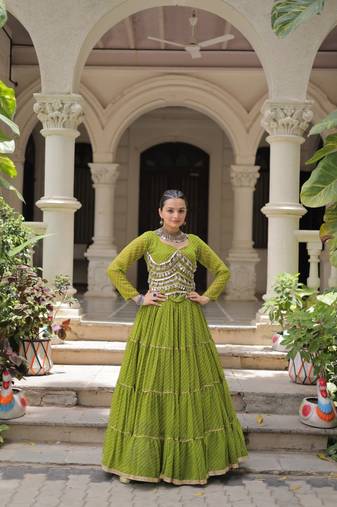 Parrot Green Navaratri Special Leheriya Print with Gota-Patti Lace Work Lehenga Choli