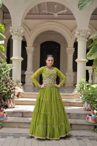 Parrot Green Navaratri Special Leheriya Print with Gota-Patti Lace Work Lehenga Choli