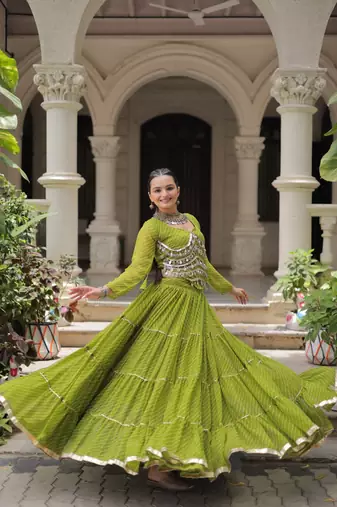Parrot Green Navaratri Special Leheriya Print with Gota-Patti Lace Work Lehenga Choli- free size