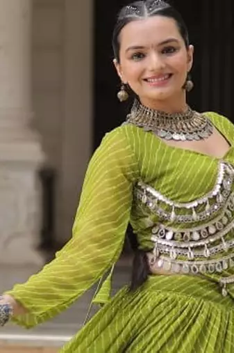 Parrot Green Navaratri Special Leheriya Print with Gota-Patti Lace Work Lehenga Choli