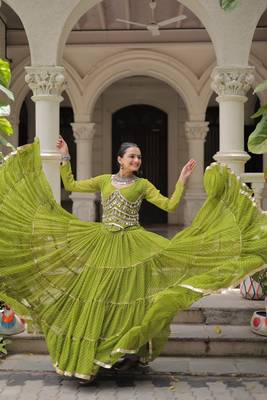 Parrot Green Navaratri Special Leheriya Print with Gota-Patti Lace Work Lehenga Choli- free size 3
