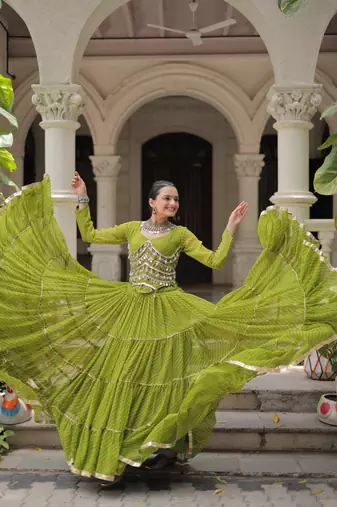 Parrot Green Navaratri Special Leheriya Print with Gota-Patti Lace Work Lehenga Choli- free size