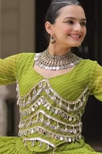 Parrot Green Navaratri Special Leheriya Print with Gota-Patti Lace Work Lehenga Choli