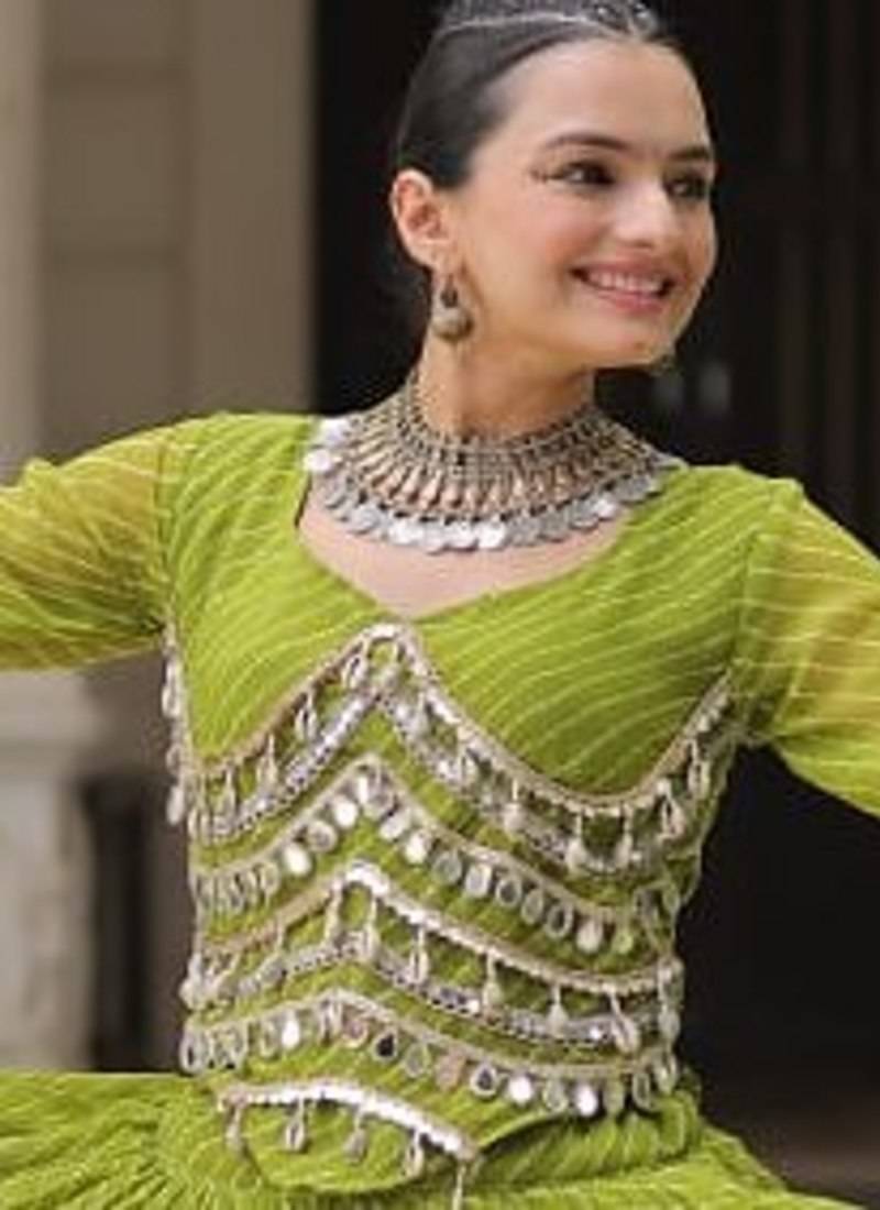 Parrot Green Navaratri Special Leheriya Print with Gota-Patti Lace Work Lehenga Choli