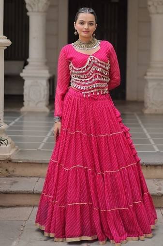 Pink Navaratri Special Leheriya Print with Gota-Patti Lace Work Lehenga Choli