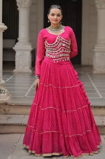 Pink Navaratri Special Leheriya Print with Gota-Patti Lace Work Lehenga Choli