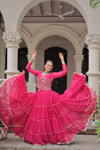 Pink Navaratri Special Leheriya Print with Gota-Patti Lace Work Lehenga Choli- free size