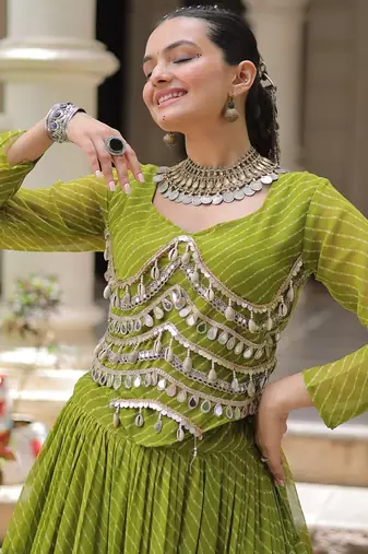 Parrot Green Navaratri Special Leheriya Print with Gota-Patti Lace Work Lehenga Choli