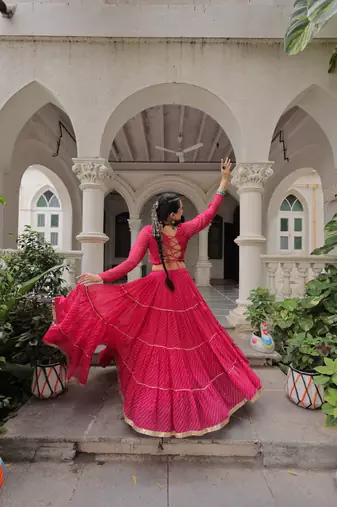 Pink Navaratri Special Leheriya Print with Gota-Patti Lace Work Lehenga Choli