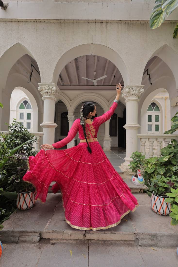 Pink Navaratri Special Leheriya Print with Gota-Patti Lace Work Lehenga Choli