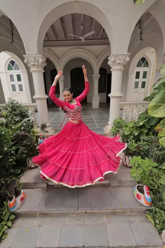 Pink Navaratri Special Leheriya Print with Gota-Patti Lace Work Lehenga Choli