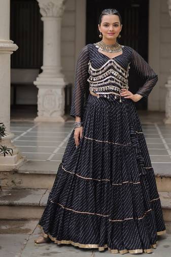 Black Navaratri Special Leheriya Print with Gota-Patti Lace Work Lehenga Choli