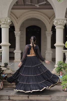 Black Navaratri Special Leheriya Print with Gota-Patti Lace Work Lehenga Choli 4