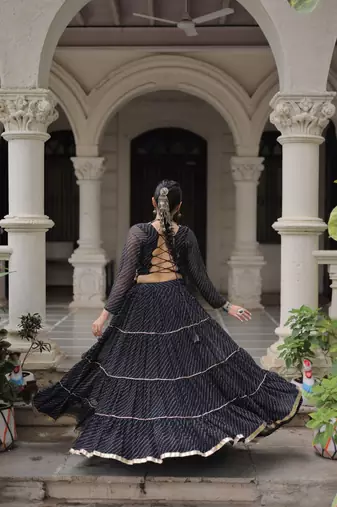 Black Navaratri Special Leheriya Print with Gota-Patti Lace Work Lehenga Choli
