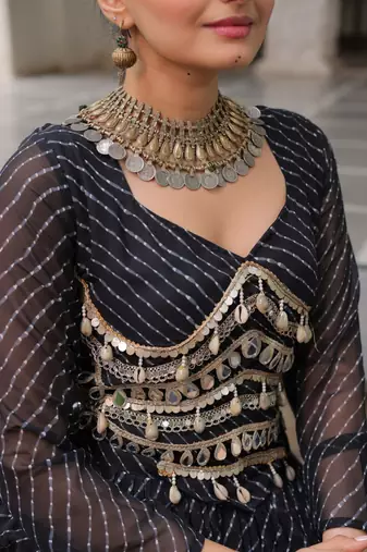 Black Navaratri Special Leheriya Print with Gota-Patti Lace Work Lehenga Choli
