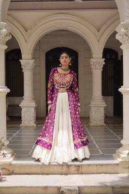 Purple Navaratri Special Kora Cotton Frill Lehenga with Patch Work Georgette Kurti 1
