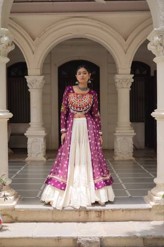 Purple Navaratri Special Kora Cotton Frill Lehenga with Patch Work Georgette Kurti