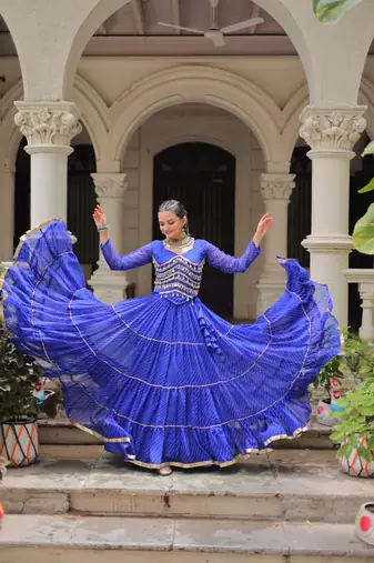 Blue Navaratri Special Leheriya Print with Gota-Patti Lace Work Lehenga Choli- free size