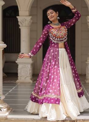 Purple Navaratri Special Kora Cotton Frill Lehenga with Patch Work Georgette Kurti 2