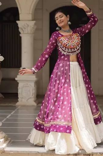 Purple Navaratri Special Kora Cotton Frill Lehenga with Patch Work Georgette Kurti