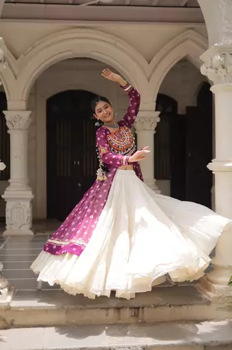 Purple Navaratri Special Kora Cotton Frill Lehenga with Patch Work Georgette Kurti
