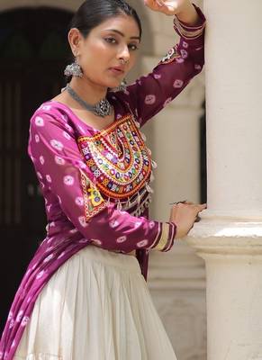 Purple Navaratri Special Kora Cotton Frill Lehenga with Patch Work Georgette Kurti 5