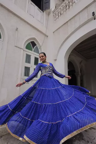 Blue Navaratri Special Leheriya Print with Gota-Patti Lace Work Lehenga Choli- free size