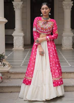 Pink Navaratri Special Kora Cotton Frill Lehenga with Patch Work Georgette Kurti 1