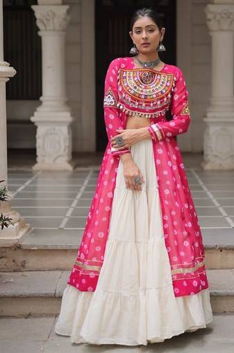 Pink Navaratri Special Kora Cotton Frill Lehenga with Patch Work Georgette Kurti