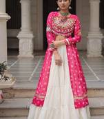 Pink Navaratri Special Kora Cotton Frill Lehenga with Patch Work Georgette Kurti
