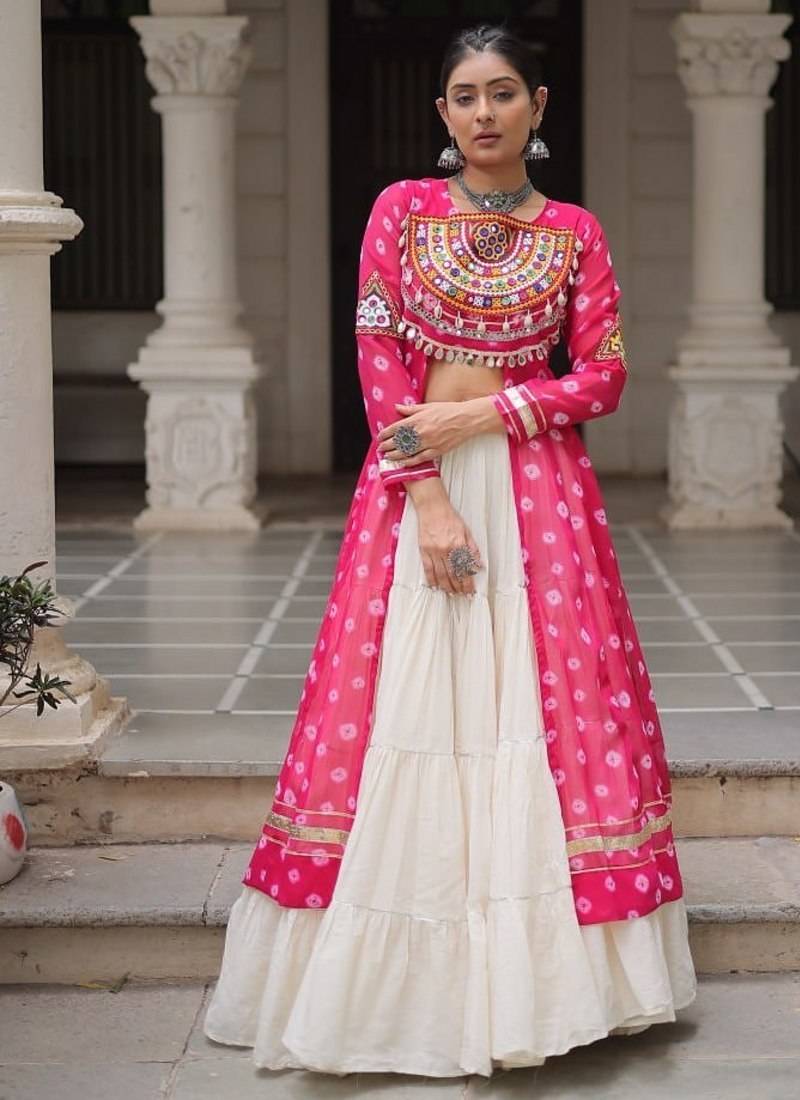 Pink Navaratri Special Kora Cotton Frill Lehenga with Patch Work Georgette Kurti