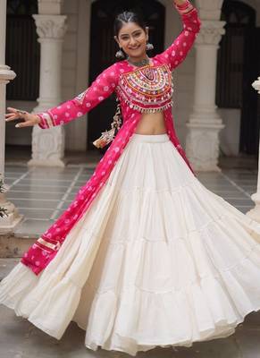 Pink Navaratri Special Kora Cotton Frill Lehenga with Patch Work Georgette Kurti 2