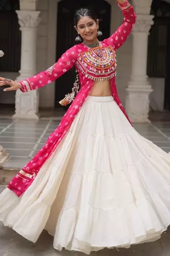 Pink Navaratri Special Kora Cotton Frill Lehenga with Patch Work Georgette Kurti