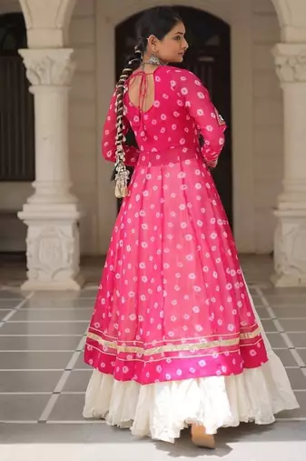 Pink Navaratri Special Kora Cotton Frill Lehenga with Patch Work Georgette Kurti
