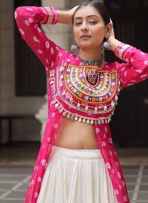 Pink Navaratri Special Kora Cotton Frill Lehenga with Patch Work Georgette Kurti 4