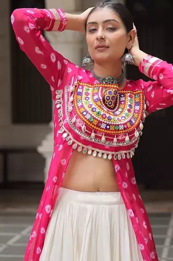 Pink Navaratri Special Kora Cotton Frill Lehenga with Patch Work Georgette Kurti