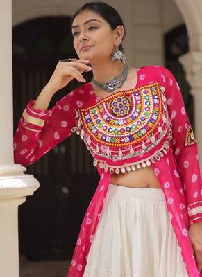 Pink Navaratri Special Kora Cotton Frill Lehenga with Patch Work Georgette Kurti 5