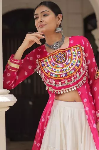 Pink Navaratri Special Kora Cotton Frill Lehenga with Patch Work Georgette Kurti