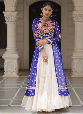 Blue Navaratri Special Kora Cotton Frill Lehenga with Patch Work Georgette Kurti 1