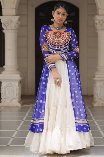 Blue Navaratri Special Kora Cotton Frill Lehenga with Patch Work Georgette Kurti