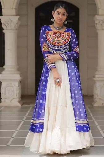 Blue Navaratri Special Kora Cotton Frill Lehenga with Patch Work Georgette Kurti