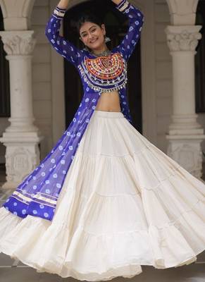 Blue Navaratri Special Kora Cotton Frill Lehenga with Patch Work Georgette Kurti 2