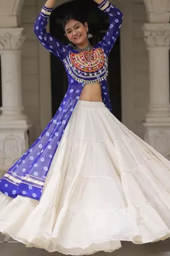Blue Navaratri Special Kora Cotton Frill Lehenga with Patch Work Georgette Kurti