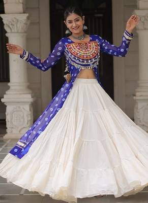 Blue Navaratri Special Kora Cotton Frill Lehenga with Patch Work Georgette Kurti 3