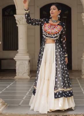 Black Navaratri Special Kora Cotton Frill Lehenga with Patch Work Georgette Kurti 1