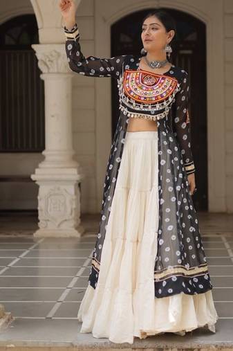 Black Navaratri Special Kora Cotton Frill Lehenga with Patch Work Georgette Kurti