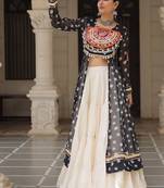 Black Navaratri Special Kora Cotton Frill Lehenga with Patch Work Georgette Kurti