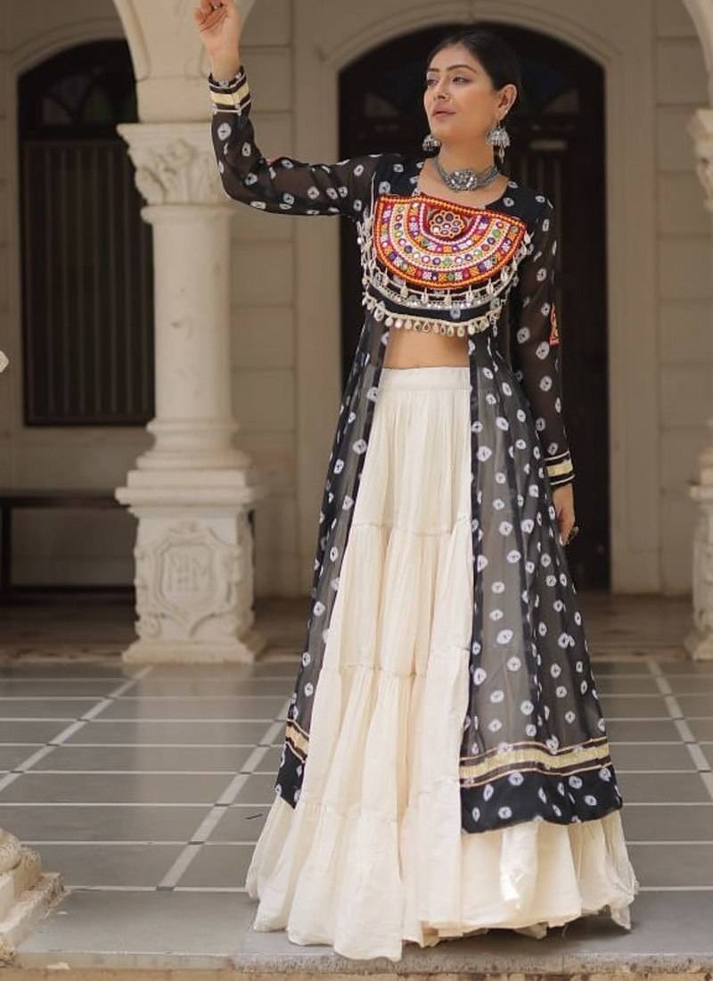 Black Navaratri Special Kora Cotton Frill Lehenga with Patch Work Georgette Kurti