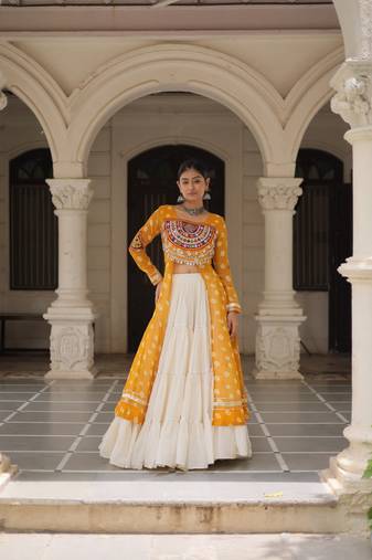 Yellow Navaratri Special Kora Cotton Frill Lehenga with Patch Work Georgette Kurti