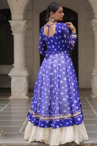 Blue Navaratri Special Kora Cotton Frill Lehenga with Patch Work Georgette Kurti